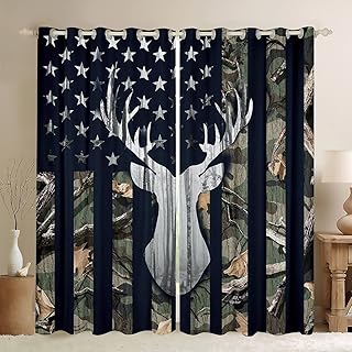 迷彩美国国旗窗帘儿童礼品,*迷彩灰色鹿角和树木窗帘,美国国旗轻质